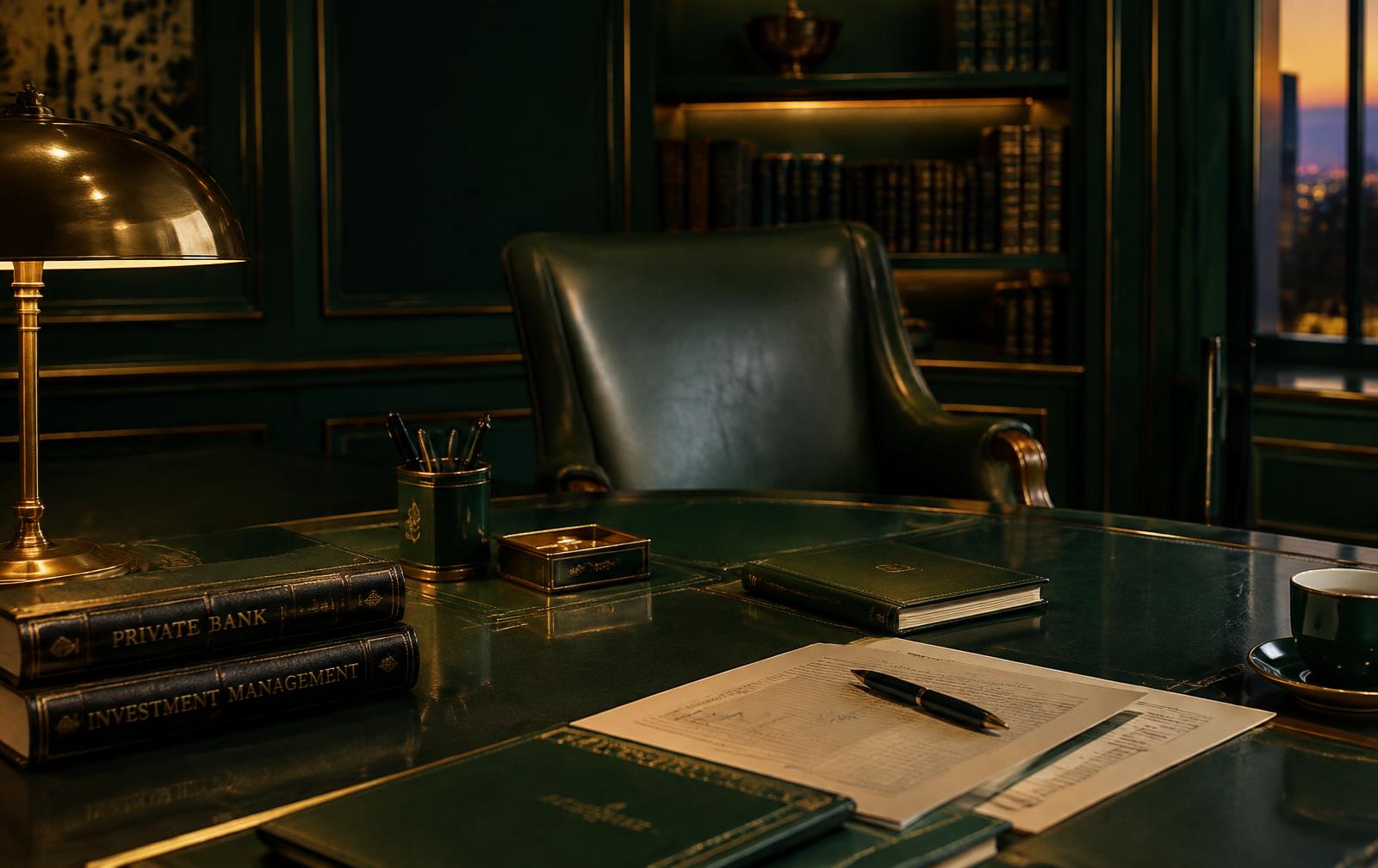 Private office with ledgers and brass lamp